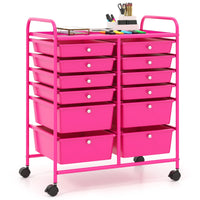Carrello con 12 cassetti in plastica da ufficio e domestico, Carrello multiuso 64x38x75cm Rosa scuro-Armadi da ufficio