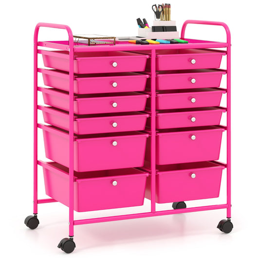 Carrello con 12 cassetti in plastica da ufficio e domestico, Carrello multiuso 64x38x75cm Rosa scuro-Armadi da ufficio
