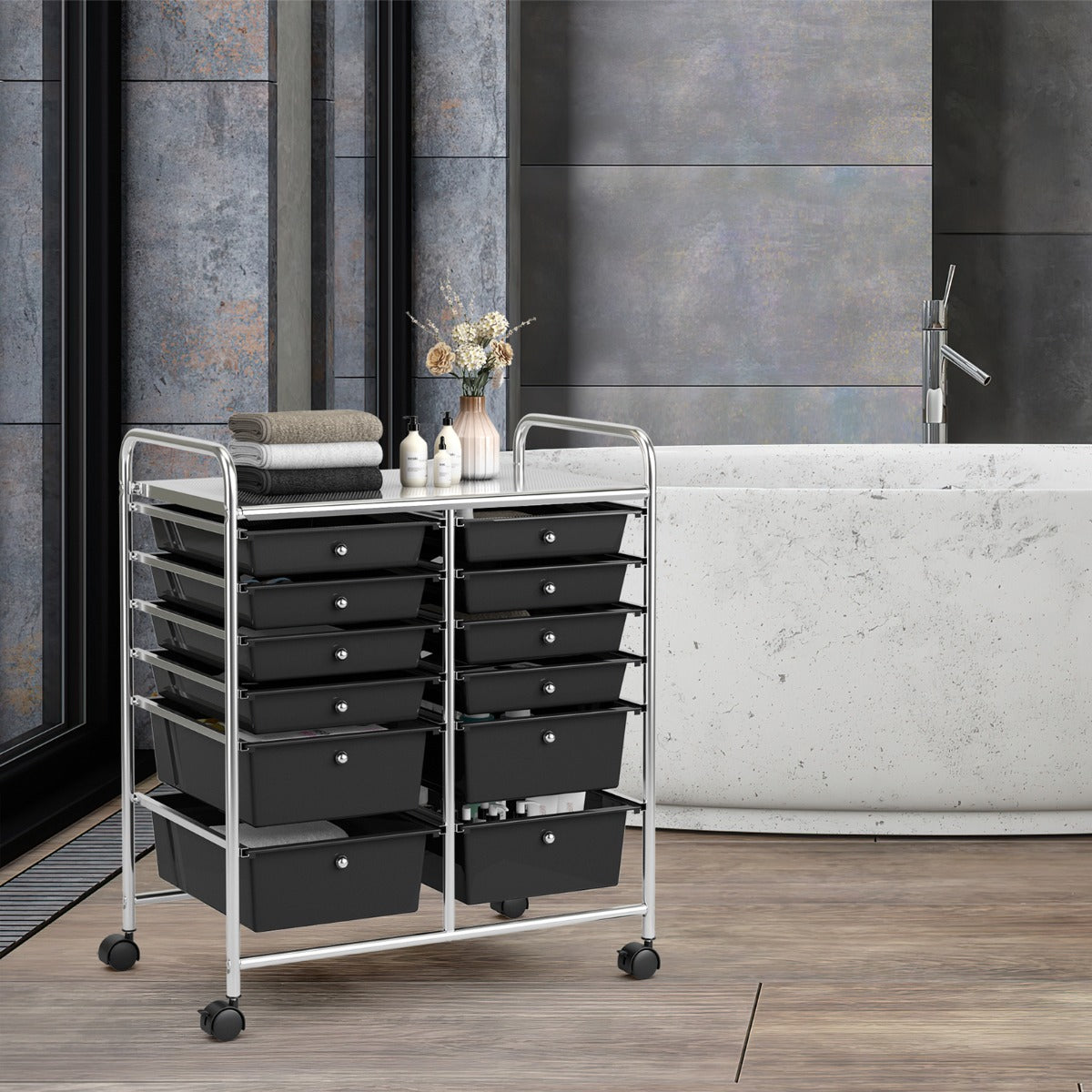 Carrello con 12 cassetti in plastica da ufficio e domestico, Carrello multiuso 74x37x63cm Nero-Armadi da ufficio