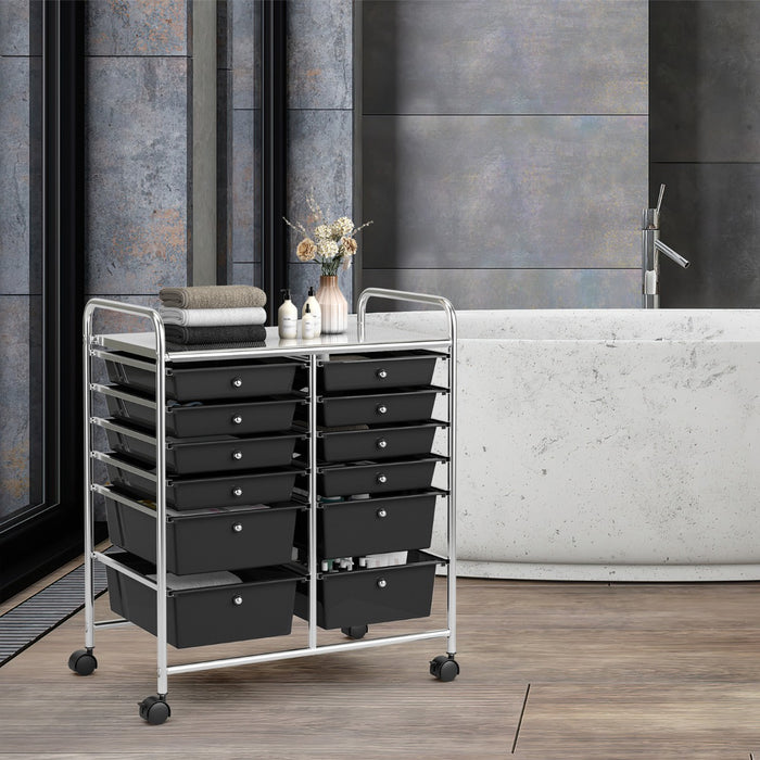 Carrello con 12 cassetti in plastica da ufficio e domestico, Carrello multiuso 74x37x63cm Nero-Armadi da ufficio