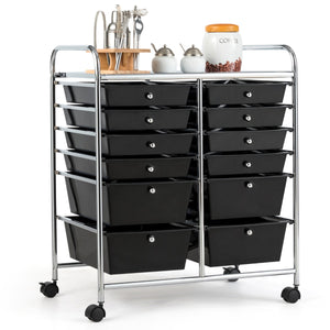 Carrello con 12 cassetti in plastica da ufficio e domestico, Carrello multiuso 74x37x63cm Nero-Armadi da ufficio
