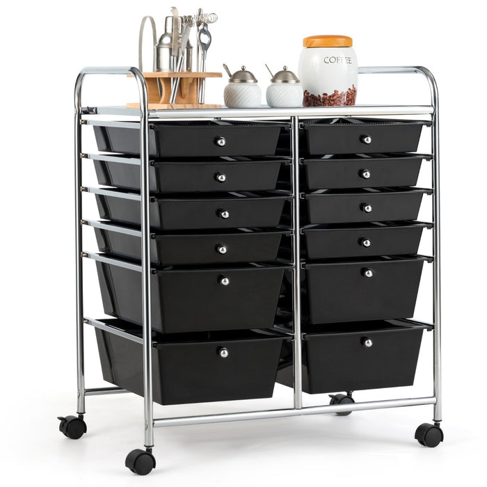 Carrello con 12 cassetti in plastica da ufficio e domestico, Carrello multiuso 74x37x63cm Nero-Armadi da ufficio