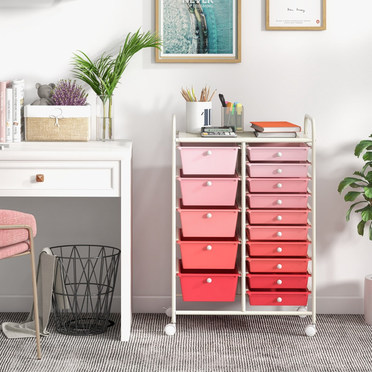 Carrello con 15 cassetti estraibili e ruote con freno, Carrello multiuso per casa ufficio scuola Rosa-Armadi da ufficio