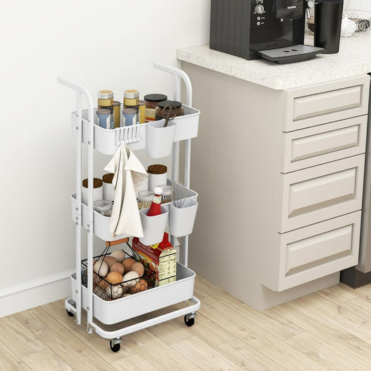 Carrello pieghevole a tre ripiani con ganci e ruote bloccabili-Carrello utilitario mobile per cucina e ufficio