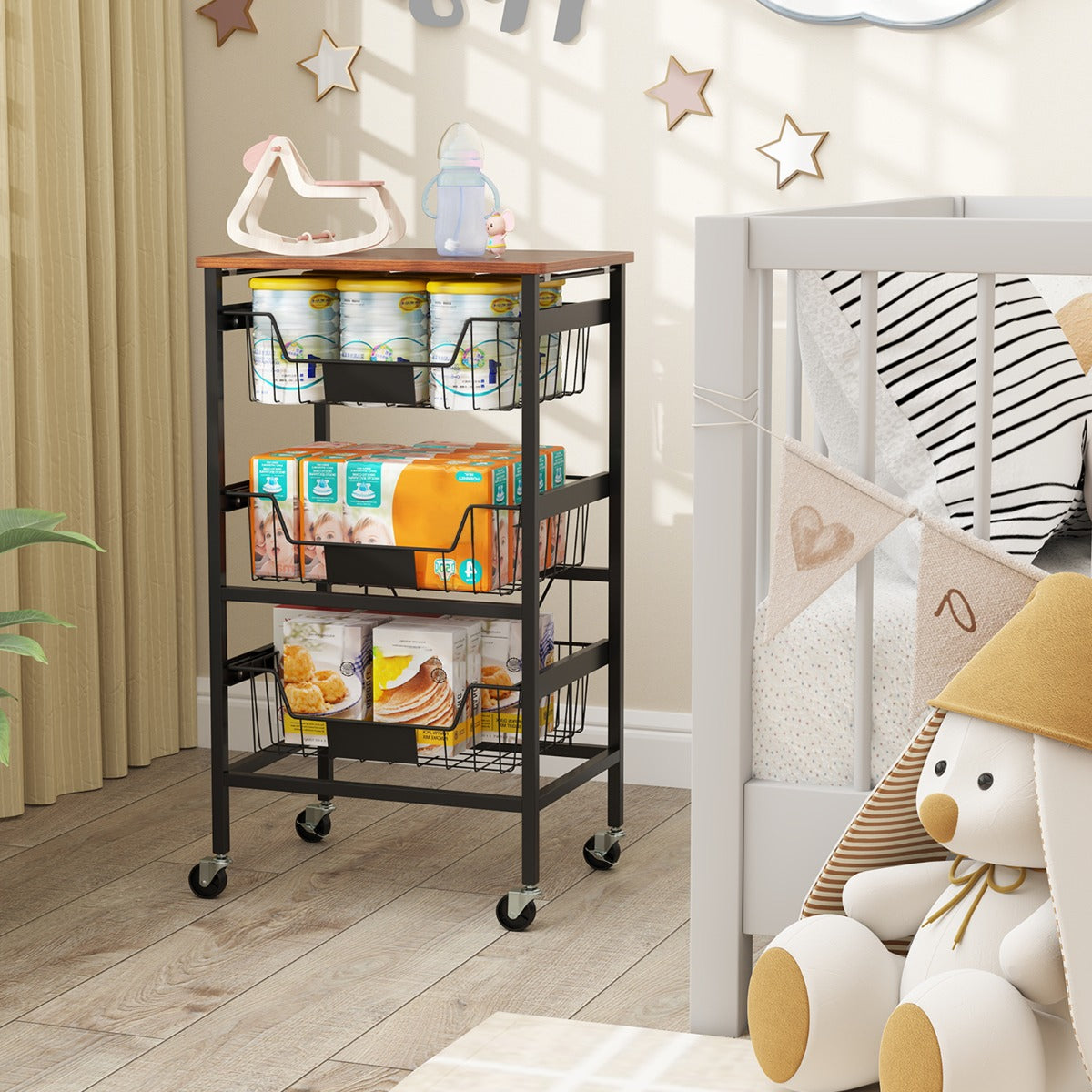 Carrello da cucina a 4 piani con piano in legno, Carrello porta spuntini con cestini estraibili e etichette DIY-Carrelli