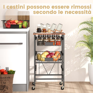 Carrello da cucina a 4 piani con piano in legno, Carrello porta spuntini con cestini estraibili e etichette DIY-Carrelli