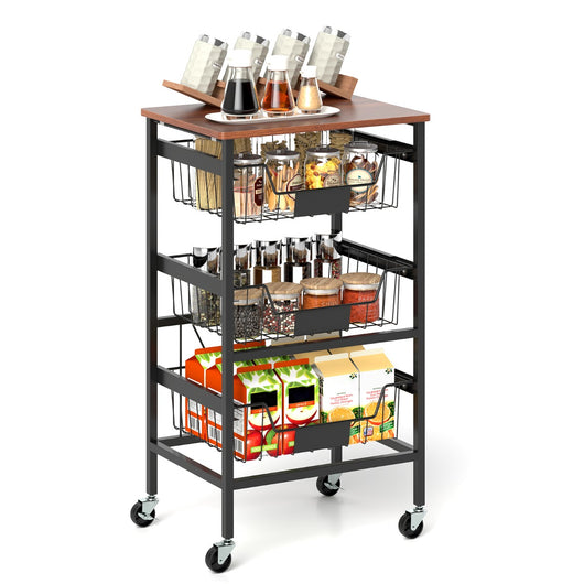 Carrello da cucina a 4 piani con piano in legno, Carrello porta spuntini con cestini estraibili e etichette DIY-Carrelli
