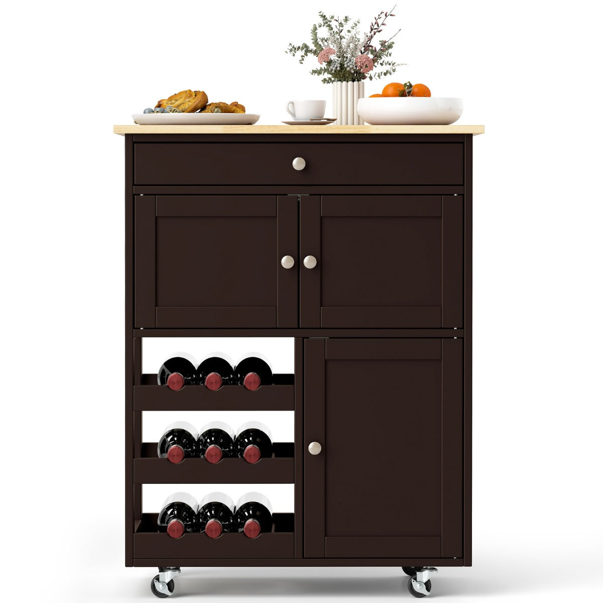 Carrello da cucina con portabottiglie a 3 livelli e cassetto, Isola da cucina con superficie in legno Marrone-Carrelli