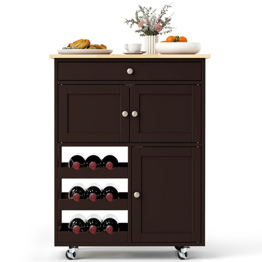 Carrello da cucina con portabottiglie a 3 livelli e cassetto, Isola da cucina con superficie in legno Marrone-Carrelli