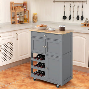 Carrello da cucina con portabottiglie a 3 livelli e cassetto, Isola da cucina con superficie in legno Grigio-Carrelli