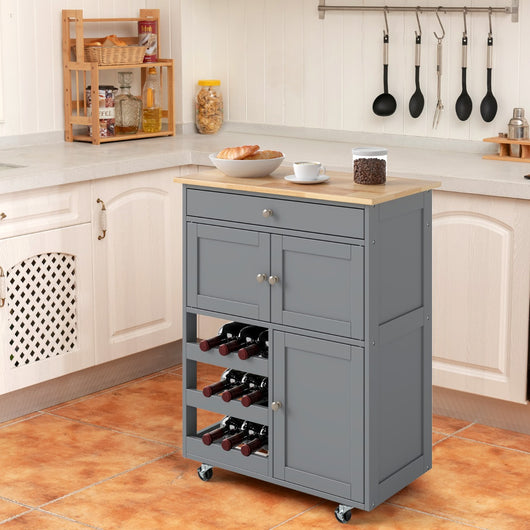 Carrello da cucina con portabottiglie a 3 livelli e cassetto, Isola da cucina con superficie in legno Grigio-Carrelli