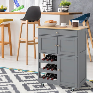 Carrello da cucina con portabottiglie a 3 livelli e cassetto, Isola da cucina con superficie in legno Grigio-Carrelli