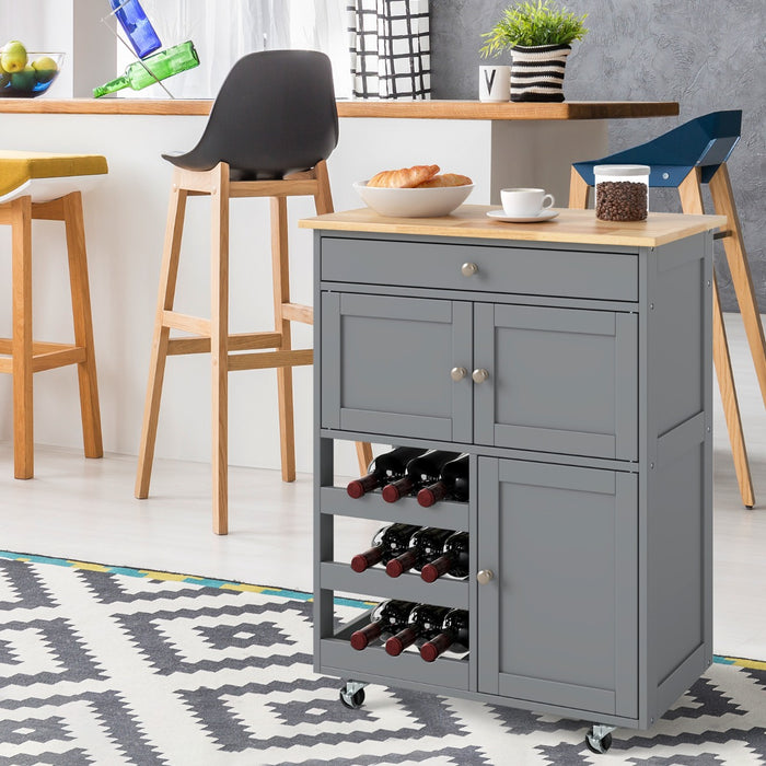 Carrello da cucina con portabottiglie a 3 livelli e cassetto, Isola da cucina con superficie in legno Grigio-Carrelli