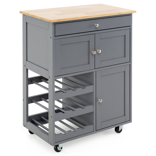 Carrello da cucina con portabottiglie a 3 livelli e cassetto, Isola da cucina con superficie in legno Grigio-Carrelli
