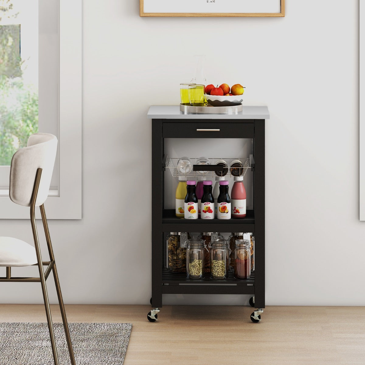 Carrello a 4 livelli con piano in acciaio inox cestino in rete e vassoio rimovibile, Carrello da cucina Isola da cucina Nero-Carrelli