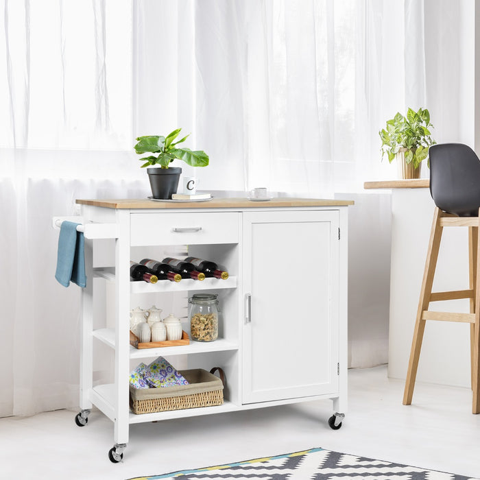 Carrello da cucina rotante con cassetto portabottiglie portasciugamani, Isola da cucina salvaspazio Bianco-Carrelli