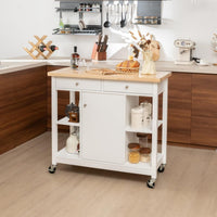 Carrello da cucina mobile con piano in legno di gomma 4 ripiani aperti 2 cassetti profondi-Buffet-Armadio da cucina Carrello da servizio Bianco