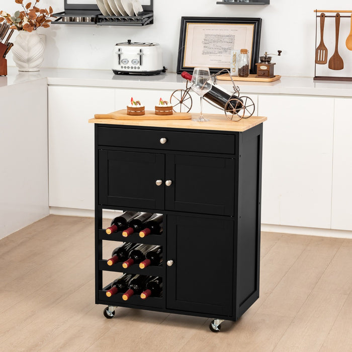Carrello da cucina con portabottiglie a 3 livelli e cassetto, Isola da cucina con superficie in legno Nero-Carrelli
