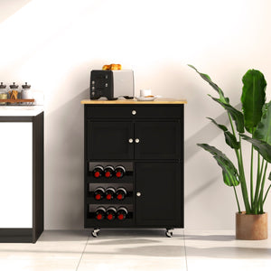Carrello da cucina con portabottiglie a 3 livelli e cassetto, Isola da cucina con superficie in legno Nero-Carrelli