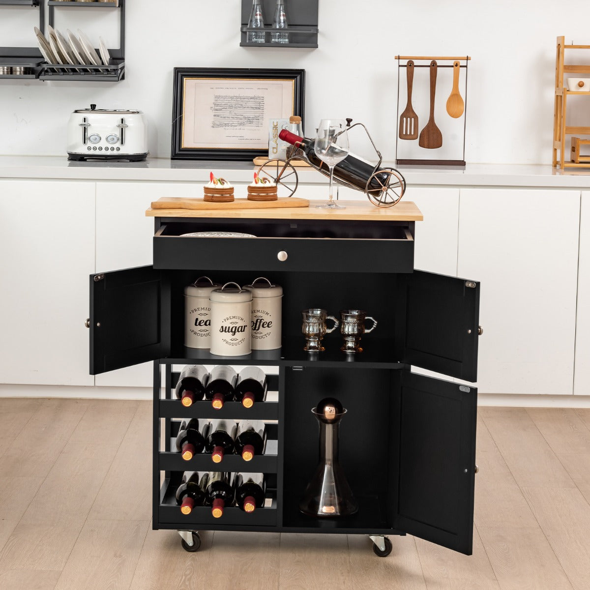 Carrello da cucina con portabottiglie a 3 livelli e cassetto, Isola da cucina con superficie in legno Nero-Carrelli