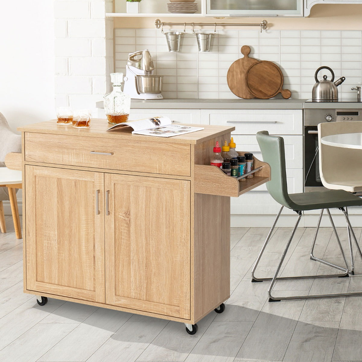 Carrello da cucina rotante con rotelle in gomma bloccabili ampio armadio cassetto, Carrello portaoggetti Naturale-Carrelli