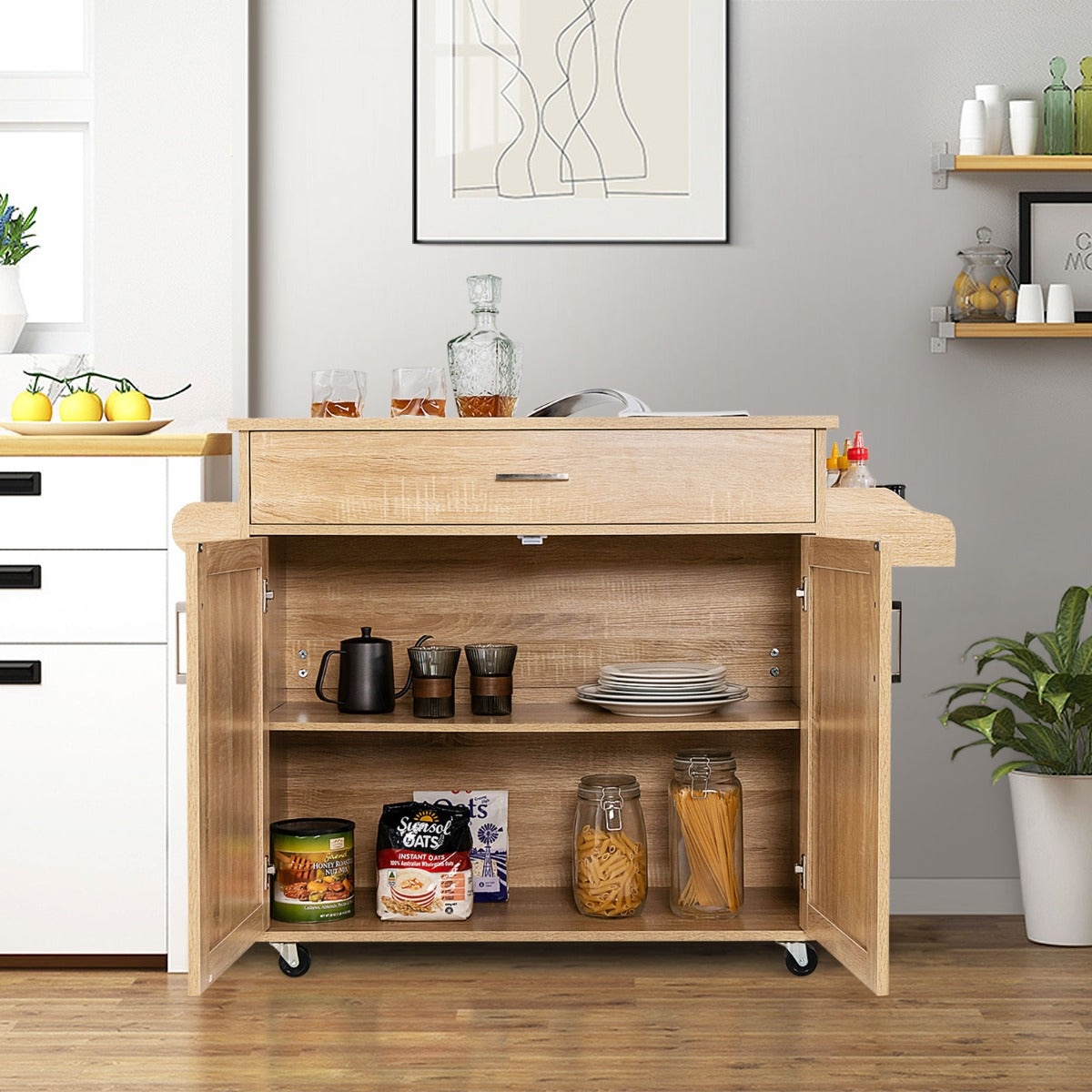 Carrello da cucina rotante con rotelle in gomma bloccabili ampio armadio cassetto, Carrello portaoggetti Naturale-Carrelli