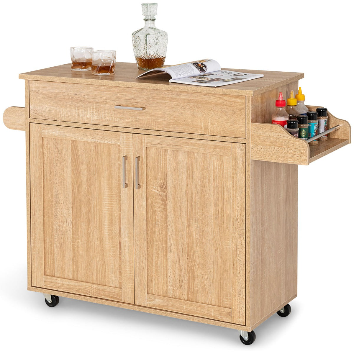 Carrello da cucina rotante con rotelle in gomma bloccabili ampio armadio cassetto, Carrello portaoggetti Naturale-Carrelli