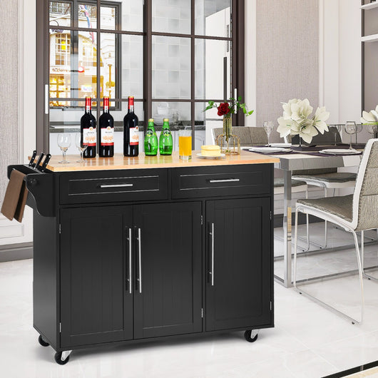 Carrello da cucina in legno con 2 cassetti e maniglia, Armadietto da cucina con ruote 122x45,5x92,5cm Nero-Carrelli