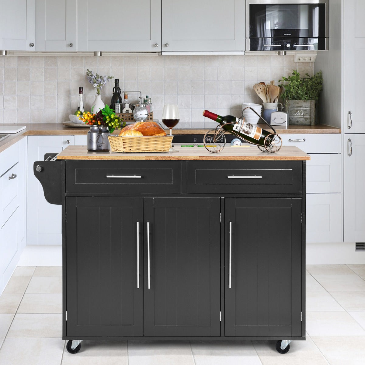 Carrello da cucina in legno con 2 cassetti e maniglia, Armadietto da cucina con ruote 122x45,5x92,5cm Nero-Carrelli