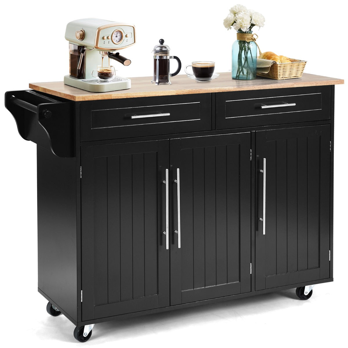 Carrello da cucina in legno con 2 cassetti e maniglia, Armadietto da cucina con ruote 122x45,5x92,5cm Nero-Carrelli