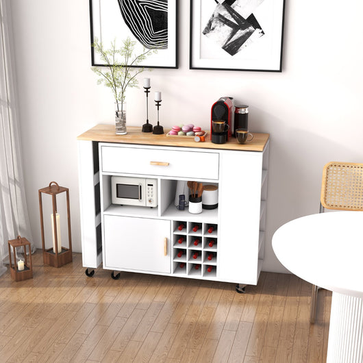 Carrello da cucina con piano in legno di gomma ripiano regolabile porta calici, Mobile 2 in 1 su ruote Bianco-Carrelli