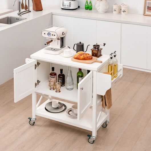 Carrello da cucina con armadietto portaoggetti porta asciugamani porta spezie, Isola carrello rotante per bar Bianco-Carrelli