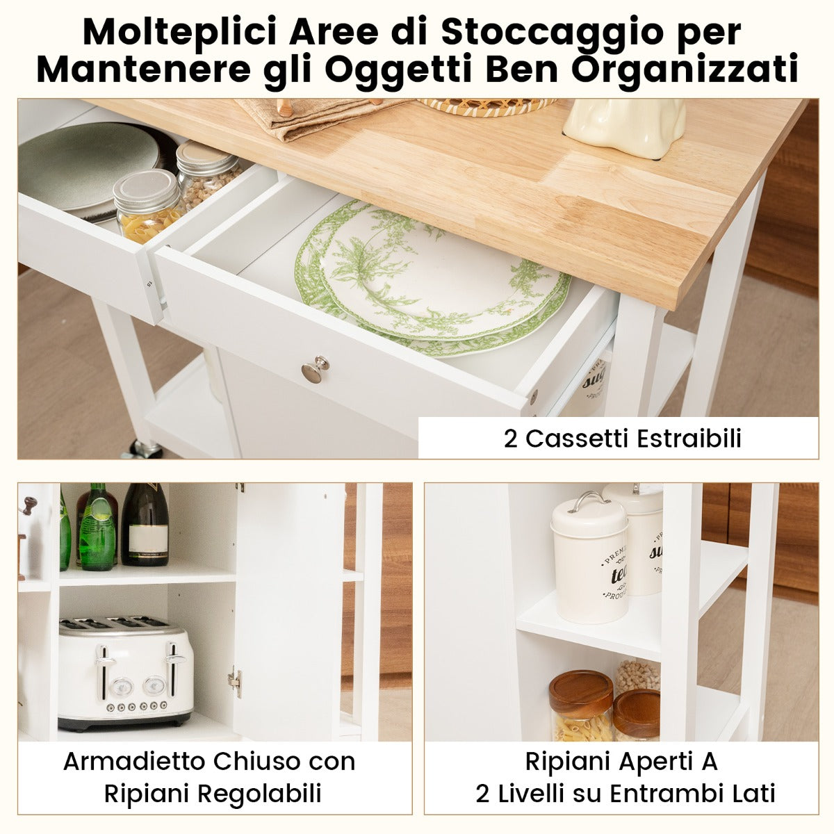 Carrello da cucina mobile con piano in legno di gomma 4 ripiani aperti 2 cassetti profondi-Buffet-Armadio da cucina Carrello da servizio Bianco