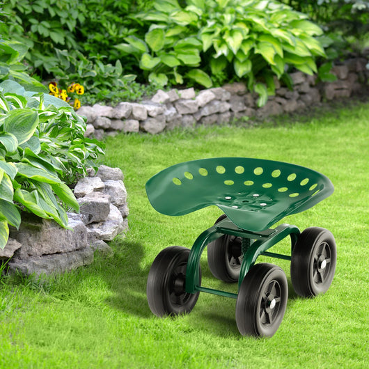 Carrello da giardino con seduta girevole a 360¡ã e altezza regolabile, Carrello da lavoro a 4 ruote Verde-Attrezzi da giardino
