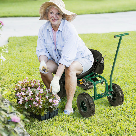 Carrello da giardino regolabile in altezza con seduta girevole e cuscino, Carrello per giardinaggio con vassoio Verde-Attrezzi da giardino