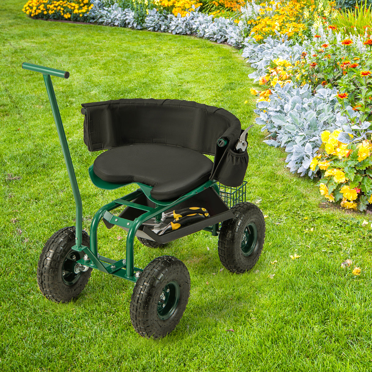 Carrello da giardino regolabile in altezza con seduta girevole e cuscino, Carrello per giardinaggio con vassoio Verde-Attrezzi da giardino