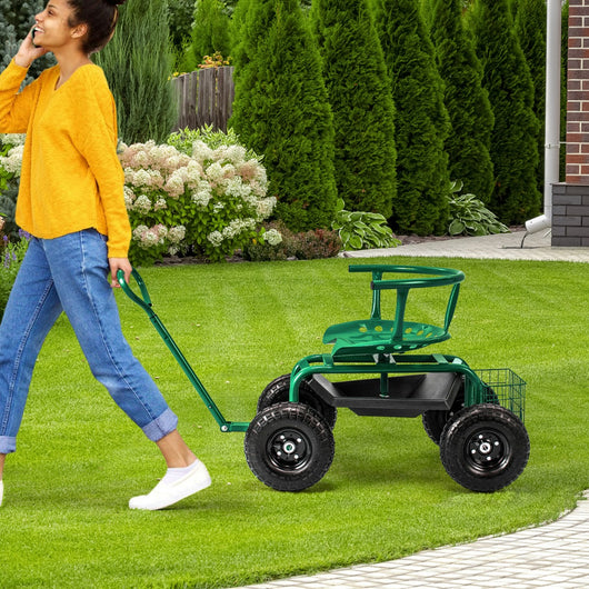 Carrello da giardino con ruote 26cm sedile girevole manico telescopico, Sgabello da giardinaggio Verde-Attrezzi da giardino