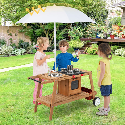 Carrello da gioco in legno con ombrellone antisolare forno a legna simulato, Trolley da gioco per bambini Bianco-Cucine giocattoli