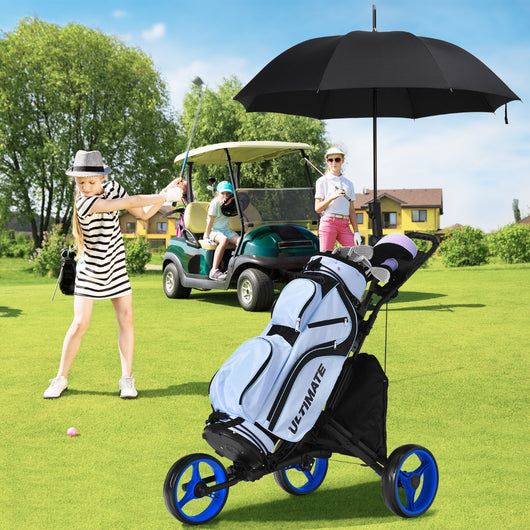 Carrello da golf a spinta con 3 ruote, Carrello pieghevole con borsa rivestita in alluminio cinghia Blu-Golf