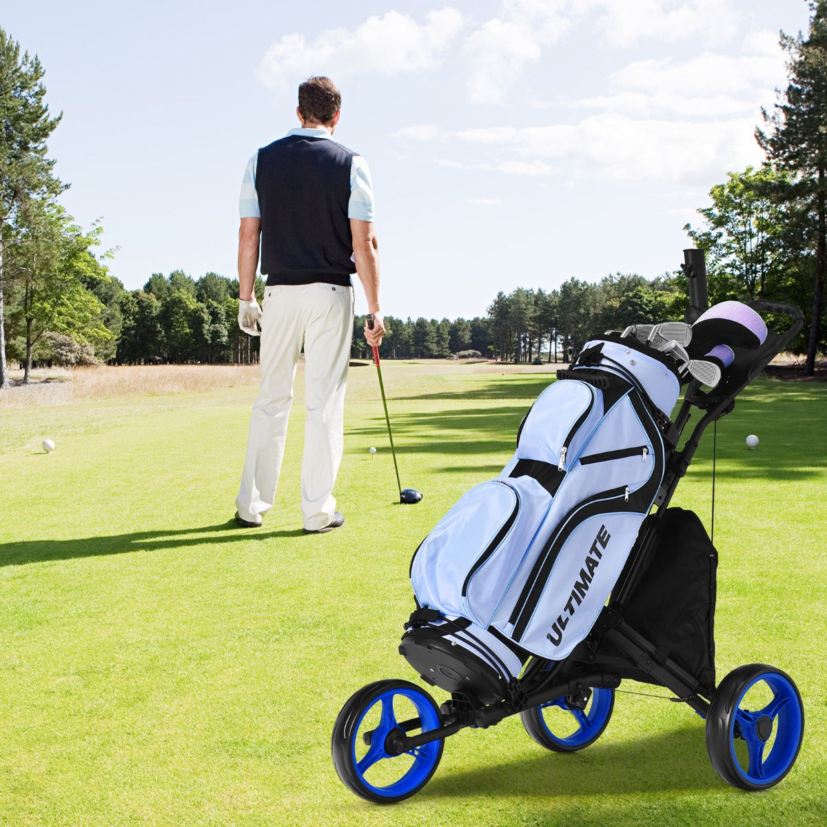 Carrello da golf a spinta con 3 ruote, Carrello pieghevole con borsa rivestita in alluminio cinghia Blu-Golf