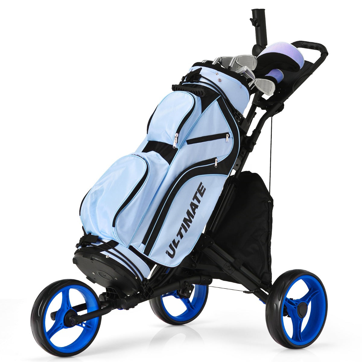 Carrello da golf a spinta con 3 ruote, Carrello pieghevole con borsa rivestita in alluminio cinghia Blu-Golf