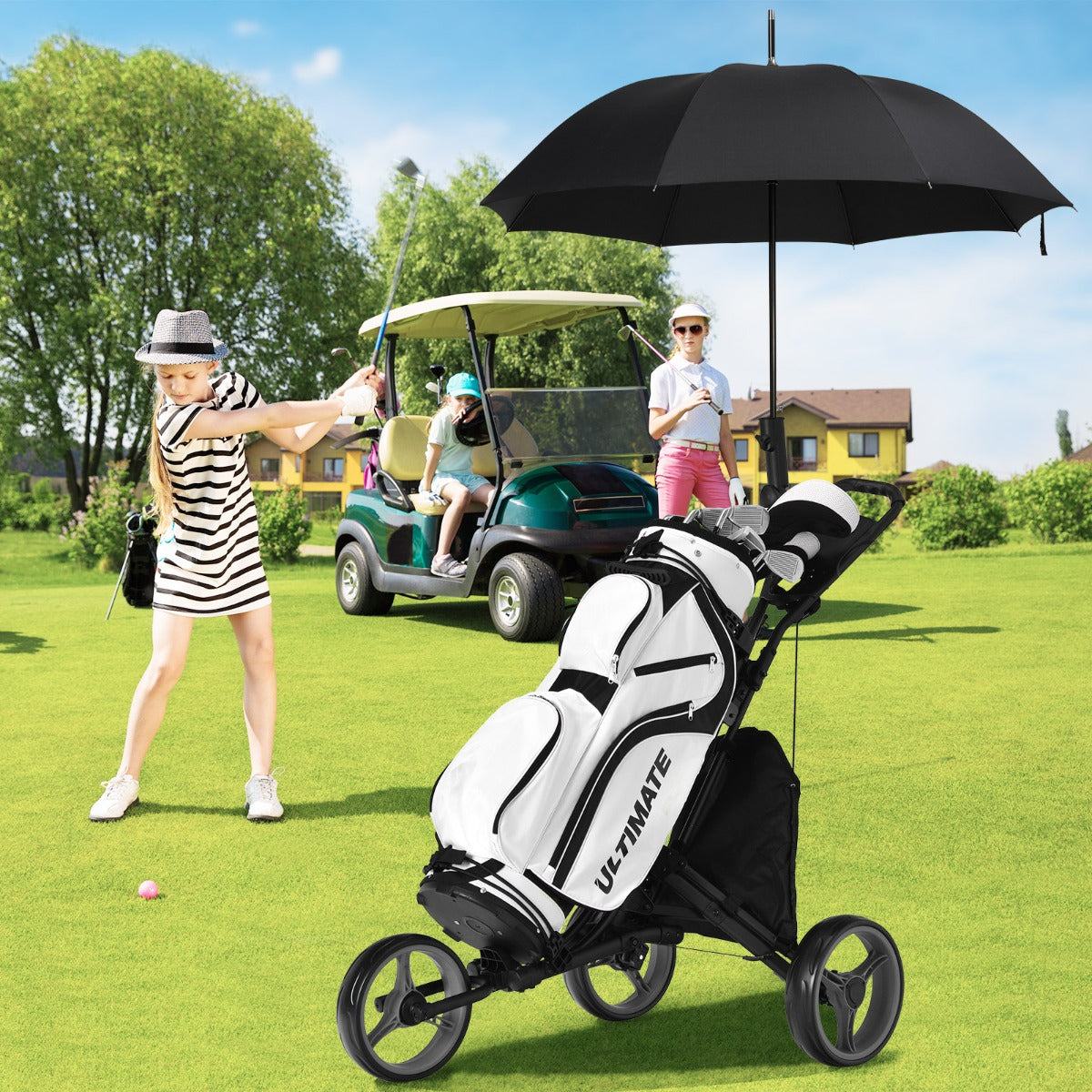 Carrello da golf a spinta con 3 ruote, Carrello pieghevole con borsa rivestita in alluminio cinghia Grigio-Golf