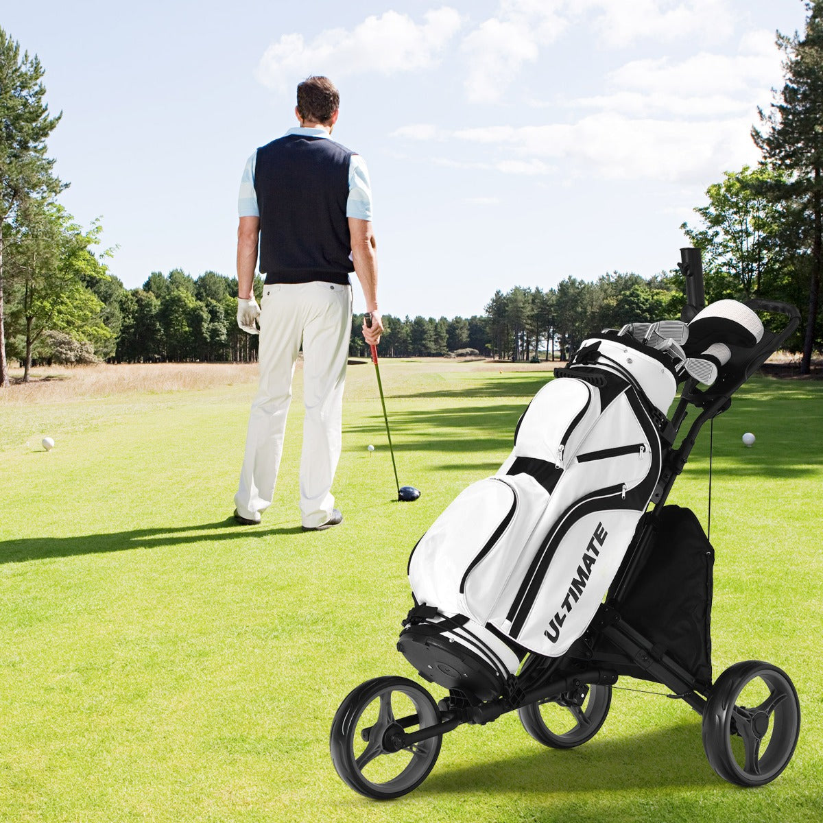 Carrello da golf a spinta con 3 ruote, Carrello pieghevole con borsa rivestita in alluminio cinghia Grigio-Golf
