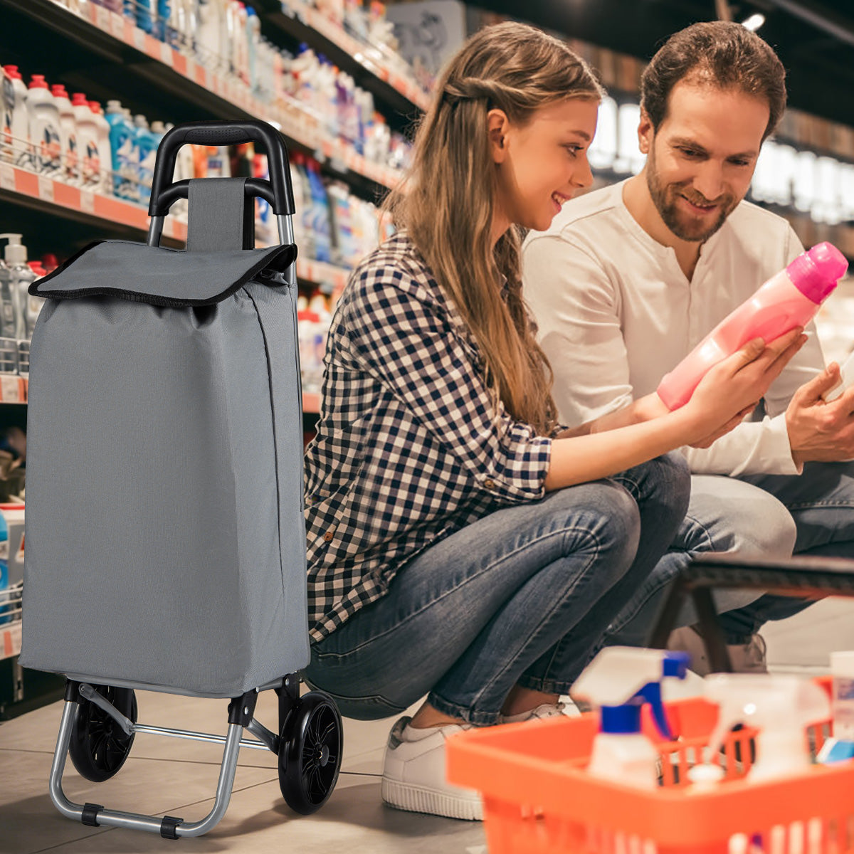 Carrello della spesa pieghevole con ruote impugnatura antiscivolo borsa impermeabile rimovibile, Carrello a mano Grigio-Strumenti cucina