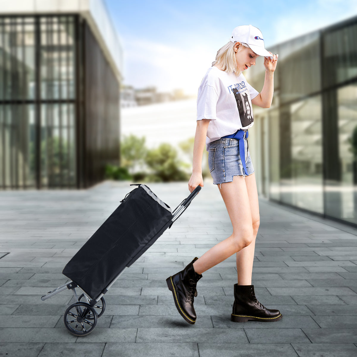 Carrello della spesa pieghevole con ruote impugnatura antiscivolo borsa impermeabile rimovibile, Carrello a mano Nero-Strumenti cucina