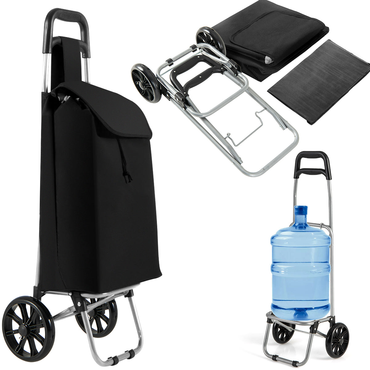 Carrello della spesa pieghevole con ruote impugnatura antiscivolo borsa impermeabile rimovibile, Carrello a mano Nero-Strumenti cucina