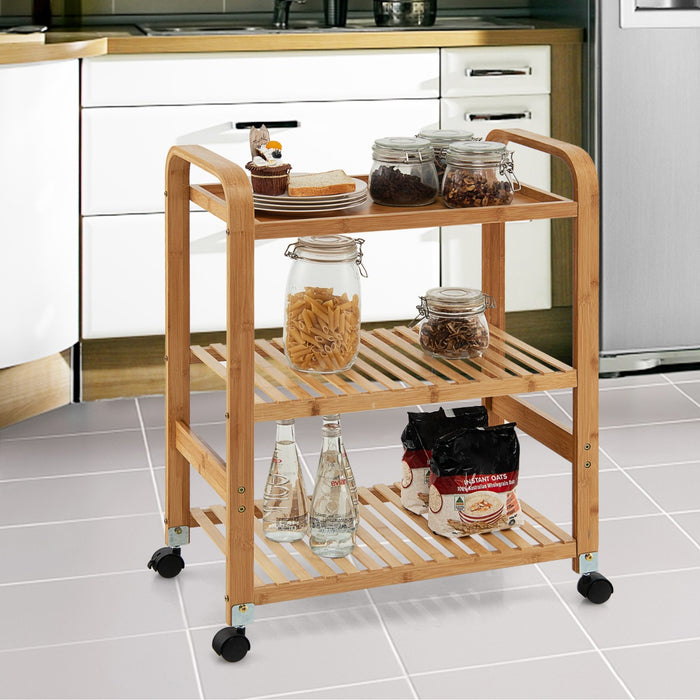Carrello da cucina di bamb¨´ con 3 livelli e ruote-Scaffale multifunzionale con maniglie laterali Naturale