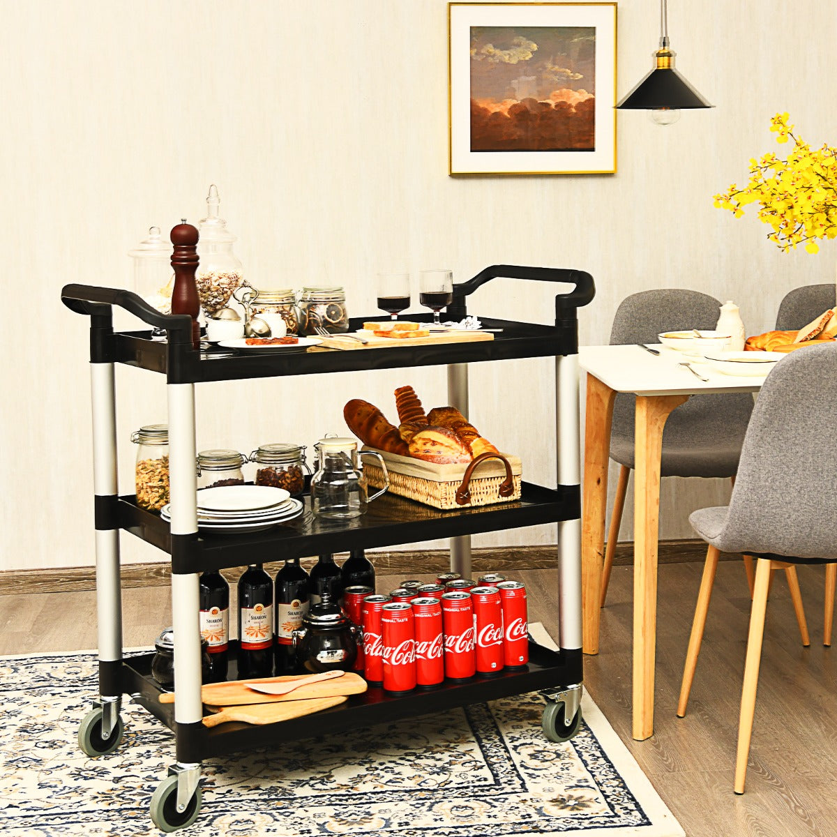 Carrello di servizio a 3 ripiani con maniglie ruote flessibili con freni-Buffet-Armadio da cucina Carrello multiuso da ufficio ristorante