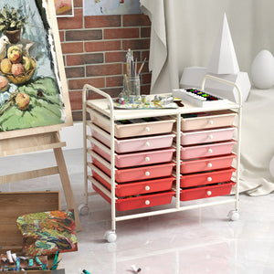 Carrello portaoggetti con 12 cassetti e ampio piano di lavoro, Cassettiera con 4 ruote per soggiorno e cucina Rosa Sfumato-Carrelli