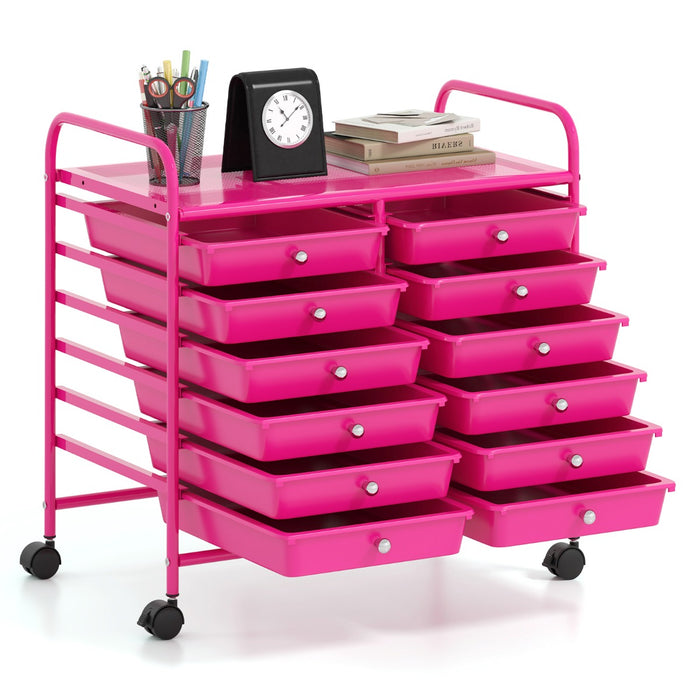 Carrello portaoggetti con 12 cassetti e ampio piano di lavoro, Cassettiera con 4 ruote per soggiorno e cucina Rosa-Carrelli